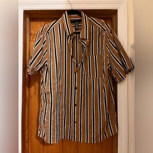H&M Men Brown & Black Vertical Stripe Short Sleeve Button-Down Shirt | Size L